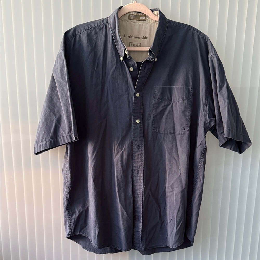 Haggar Men's Dark Blue Casual Button Down Shirt